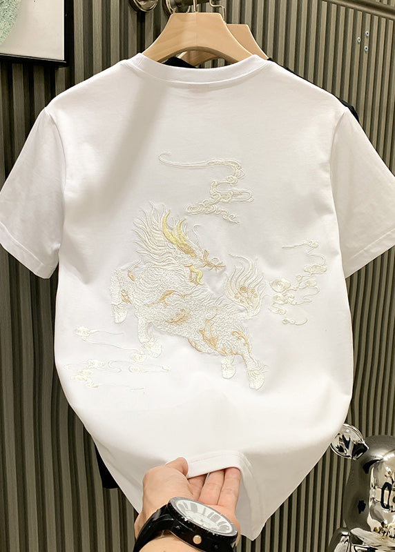 Oriental White O Neck Embroideried Cotton Mens T Shirts Summer