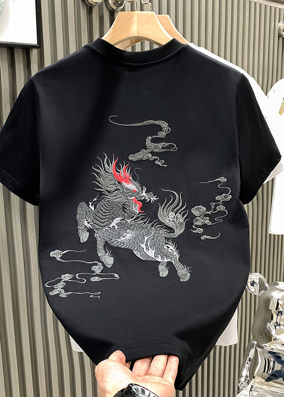 Oriental White O Neck Embroideried Cotton Mens T Shirts Summer