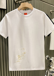 Oriental White O Neck Embroideried Cotton Mens T Shirts Summer