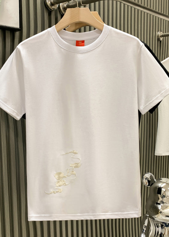 Oriental White O Neck Embroideried Cotton Mens T Shirts Summer
