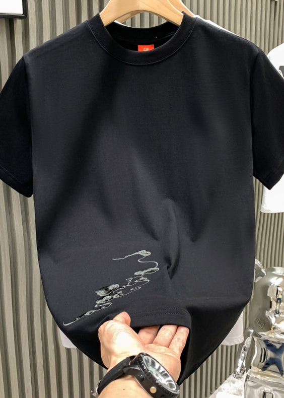 Oriental White O Neck Embroideried Cotton Mens T Shirts Summer
