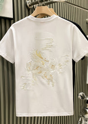 Oriental White O Neck Embroideried Cotton Mens T Shirts Summer