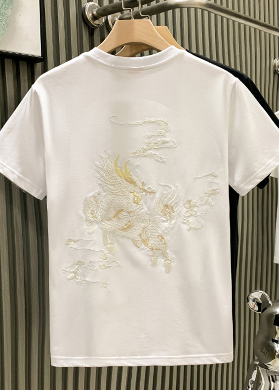 Oriental White O Neck Embroideried Cotton Mens T Shirts Summer