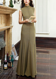 Original Army Green Backless Solid Cotton Long Dress Sleeveless