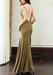 Original Army Green Backless Solid Cotton Long Dress Sleeveless