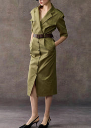 Original Army Green Notched Button Pockets Cotton Long Dress Summer