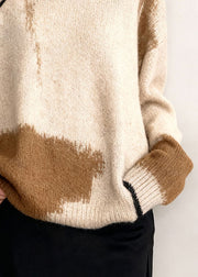 Original Beige Stand Collar Patchwork Knit Sweaters Winter