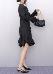 Original Black O-Neck Button Long Dresses Flare Sleeve