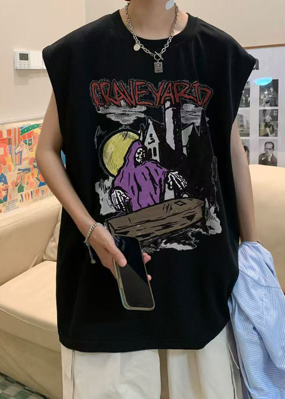 Original Black O Neck Print Cotton T Shirts Men Sleeveless