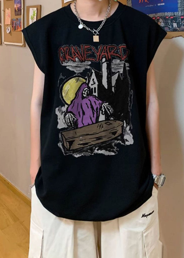 Original Black O Neck Print Cotton T Shirts Men Sleeveless