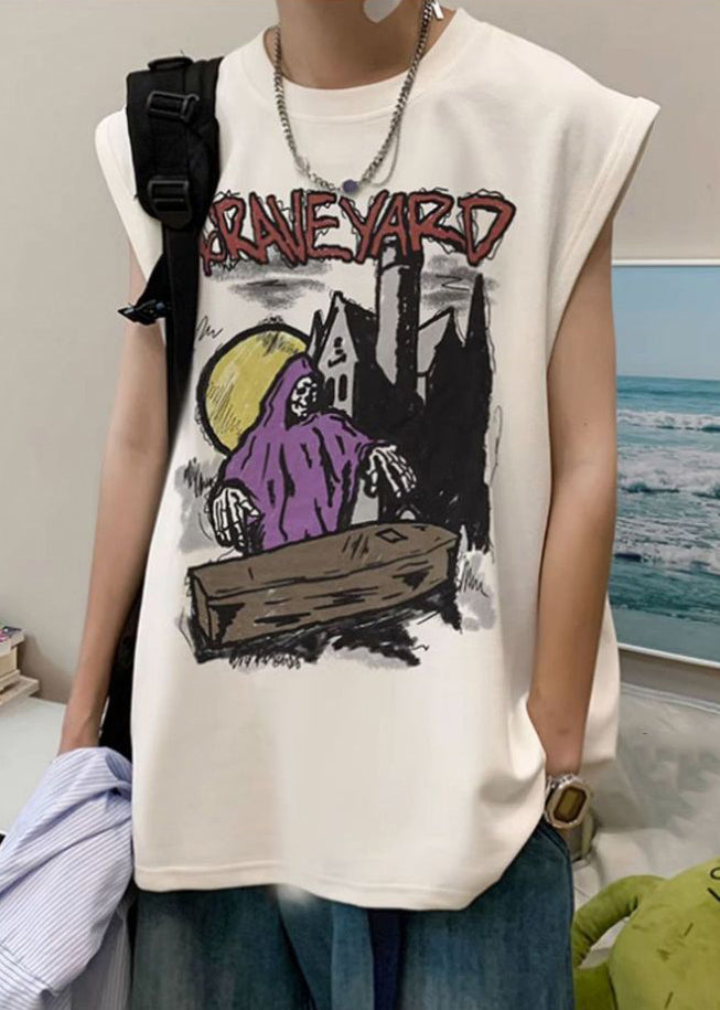 Original Black O Neck Print Cotton T Shirts Men Sleeveless