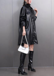 Original Black Peter Pan Collar Pockets PU Trench Coats Fall