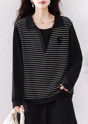 Original Black Peter Pan Collar Striped Patchwork Cotton Shirt Fall