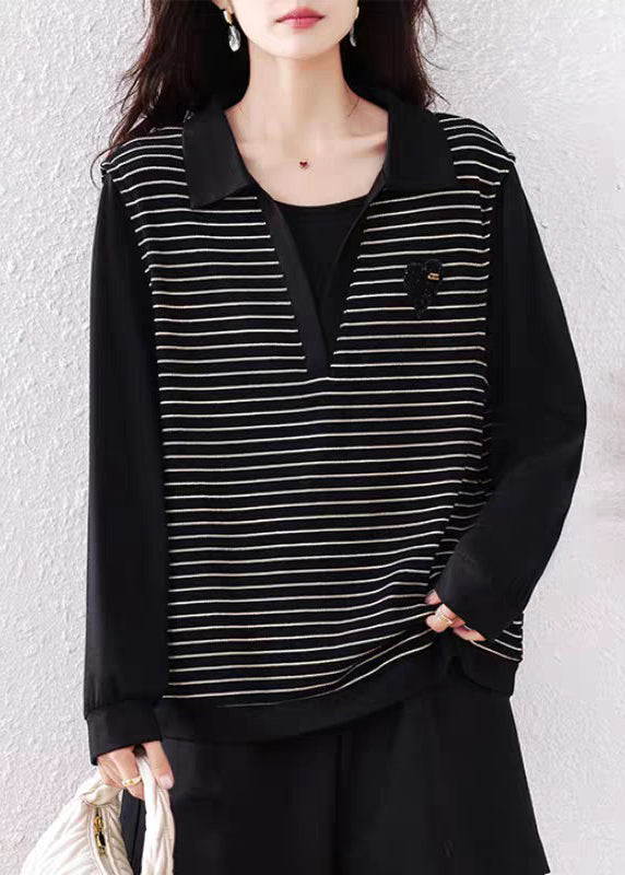 Original Black Peter Pan Collar Striped Patchwork Cotton Shirt Fall