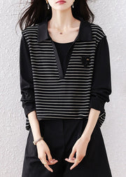 Original Black Peter Pan Collar Striped Patchwork Cotton Shirt Fall