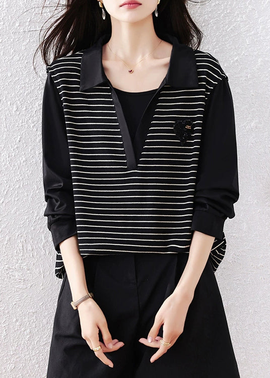 Original Black Peter Pan Collar Striped Patchwork Cotton Shirt Fall
