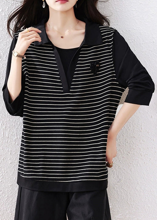 Original Black Peter Pan Collar Striped Patchwork Cotton Shirt Fall