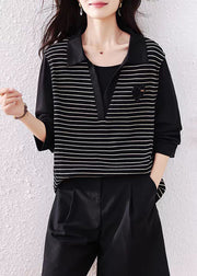Original Black Peter Pan Collar Striped Patchwork Cotton Shirt Fall