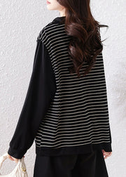 Original Black Peter Pan Collar Striped Patchwork Cotton Shirt Fall