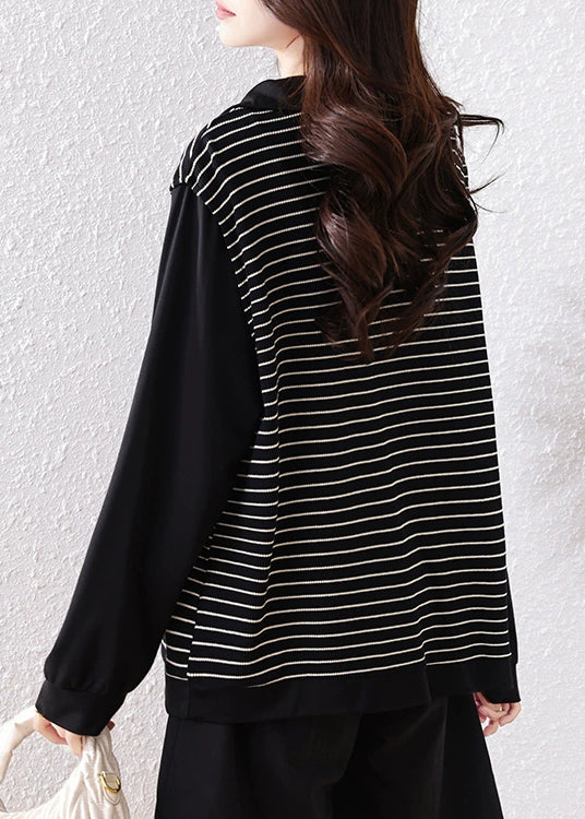 Original Black Peter Pan Collar Striped Patchwork Cotton Shirt Fall