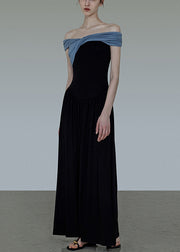Original Black Slash Neck Wrinkled Patchwork Cotton Long Dress Summer