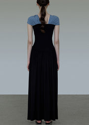 Original Black Slash Neck Wrinkled Patchwork Cotton Long Dress Summer