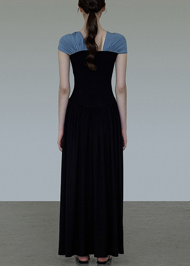 Original Black Slash Neck Wrinkled Patchwork Cotton Long Dress Summer