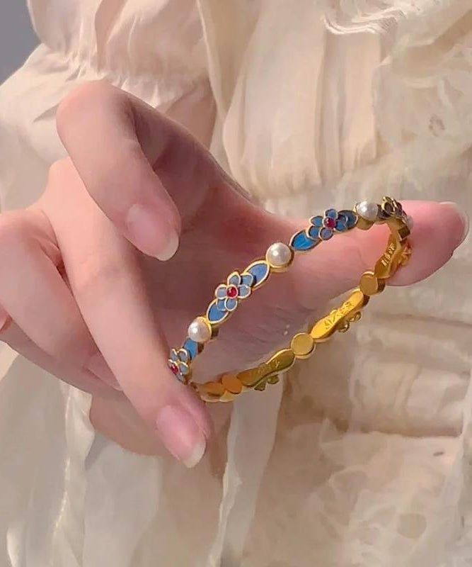 Original Blue Ancient Gold Pearl Floral Bangle