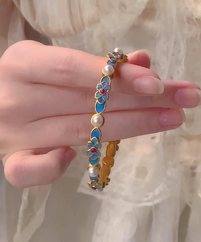 Original Blue Ancient Gold Pearl Floral Bangle