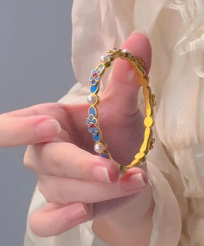 Original Blue Ancient Gold Pearl Floral Bangle
