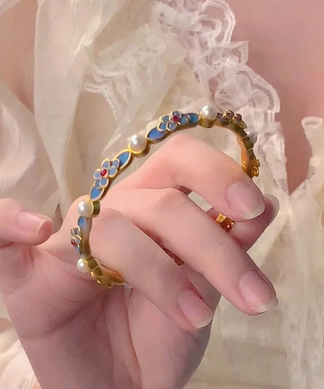 Original Blue Ancient Gold Pearl Floral Bangle