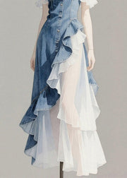 Original Blue Asymmetrical Ruffled Patchwork Denim Spaghetti Strap Dress Sleeveless
