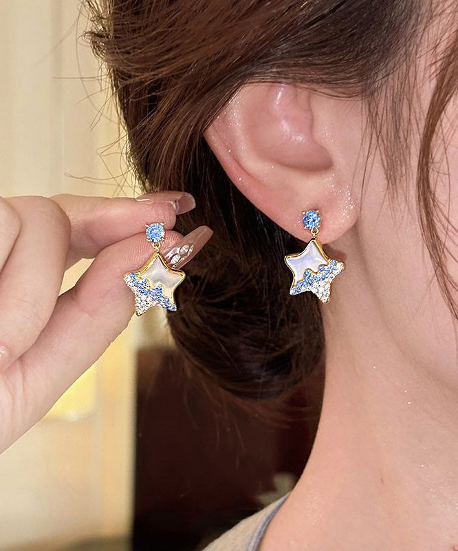 Original Blue Copper Alloy Zircon Resin Star Drop Earrings