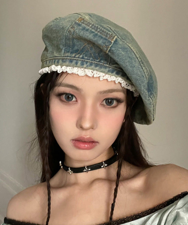 Original Blue Denim Lace Trimmed Beret Hat