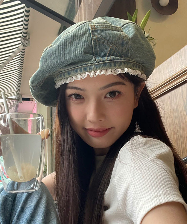 Original Blue Denim Lace Trimmed Beret Hat