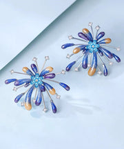 Original Blue Sterling Silver Alloy Zircon Fireworks Stud Earrings