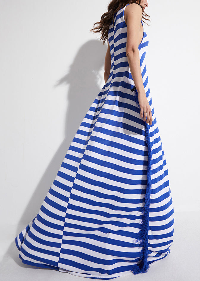 Original Blue Striped Tasseled Knit Robe Dresses Sleeveless