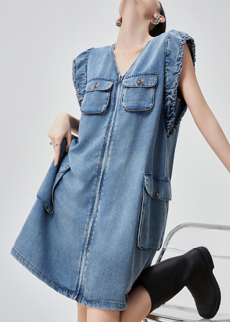 Original Blue V Neck Zippered Pockets Denim Mid Dress Sleeveless