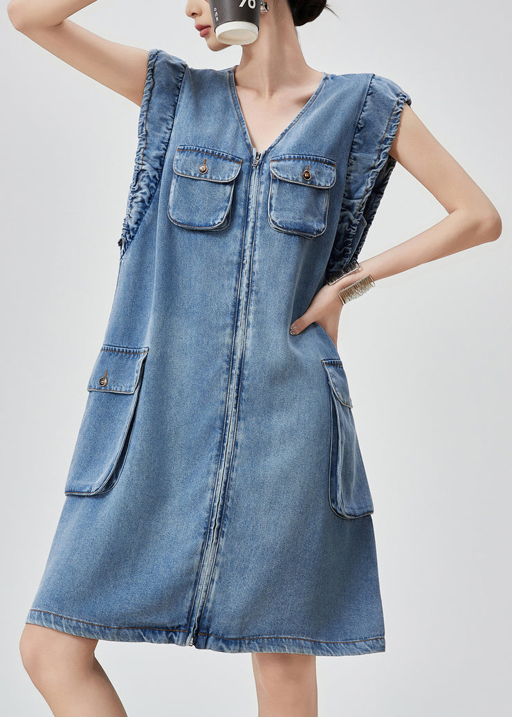 Original Blue V Neck Zippered Pockets Denim Mid Dress Sleeveless