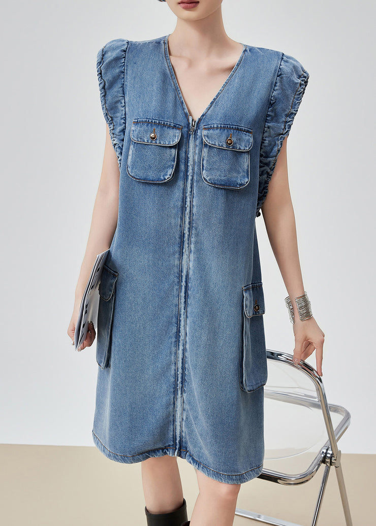 Original Blue V Neck Zippered Pockets Denim Mid Dress Sleeveless