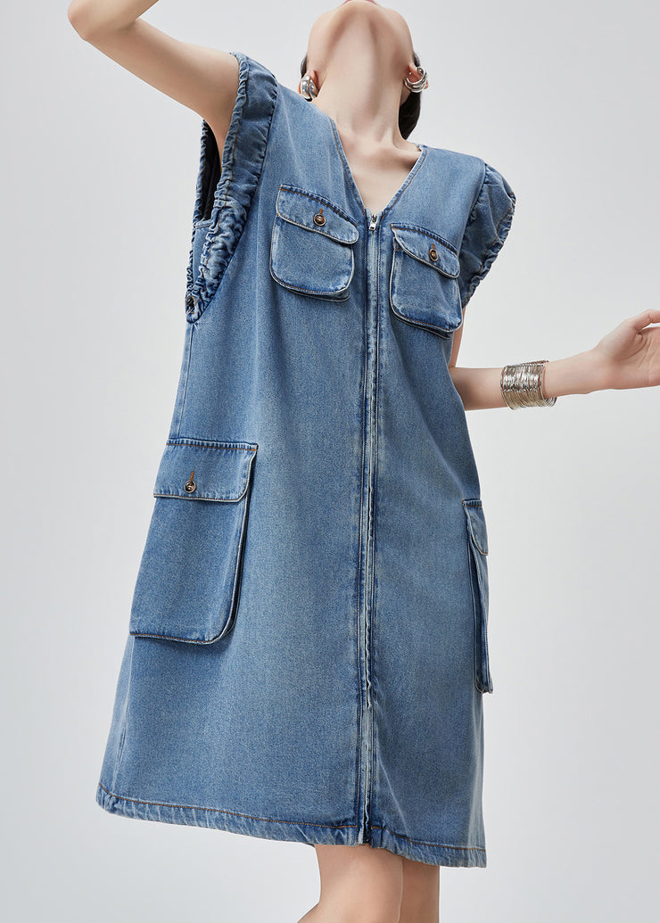 Original Blue V Neck Zippered Pockets Denim Mid Dress Sleeveless