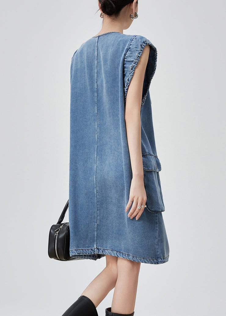 Original Blue V Neck Zippered Pockets Denim Mid Dress Sleeveless