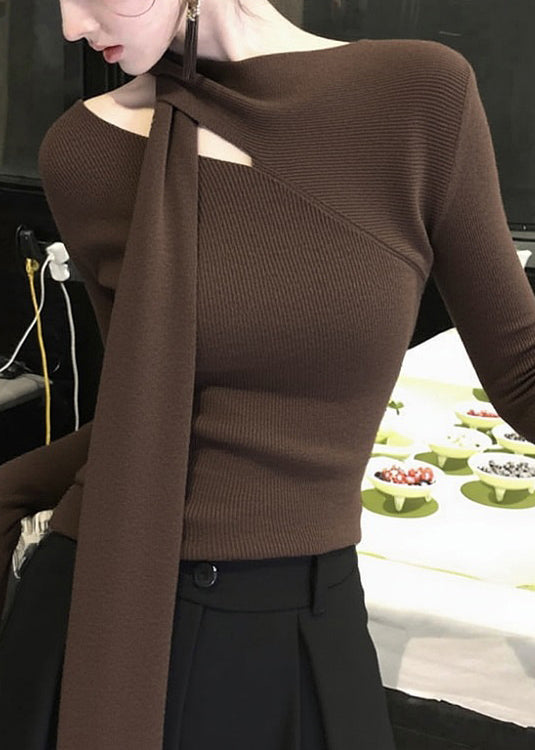 Original Coffee Bow Hollow Out Knit Sweater Fall