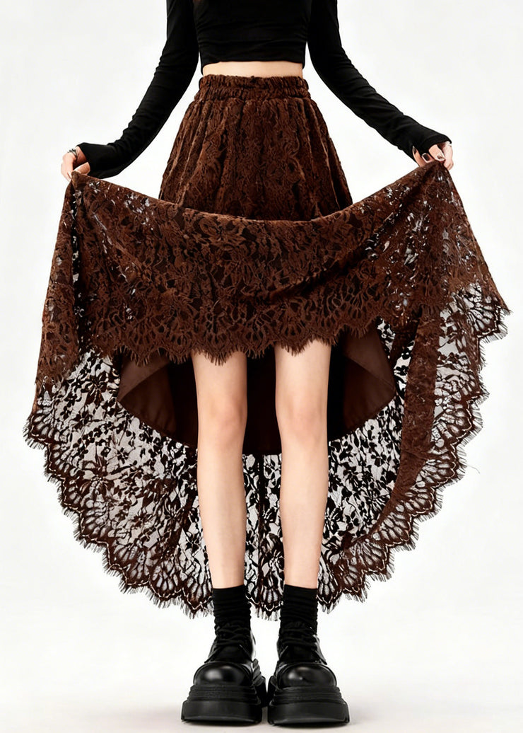 Original Coffee Hollow Out Patchwork Lace Skirts Fall