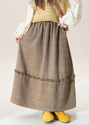 Original Coffee Ruffled Print Patchwork Cotton Skirt Winter