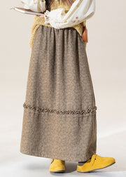 Original Coffee Ruffled Print Patchwork Cotton Skirt Winter