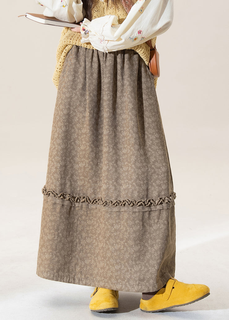 Original Coffee Ruffled Print Patchwork Cotton Skirt Winter
