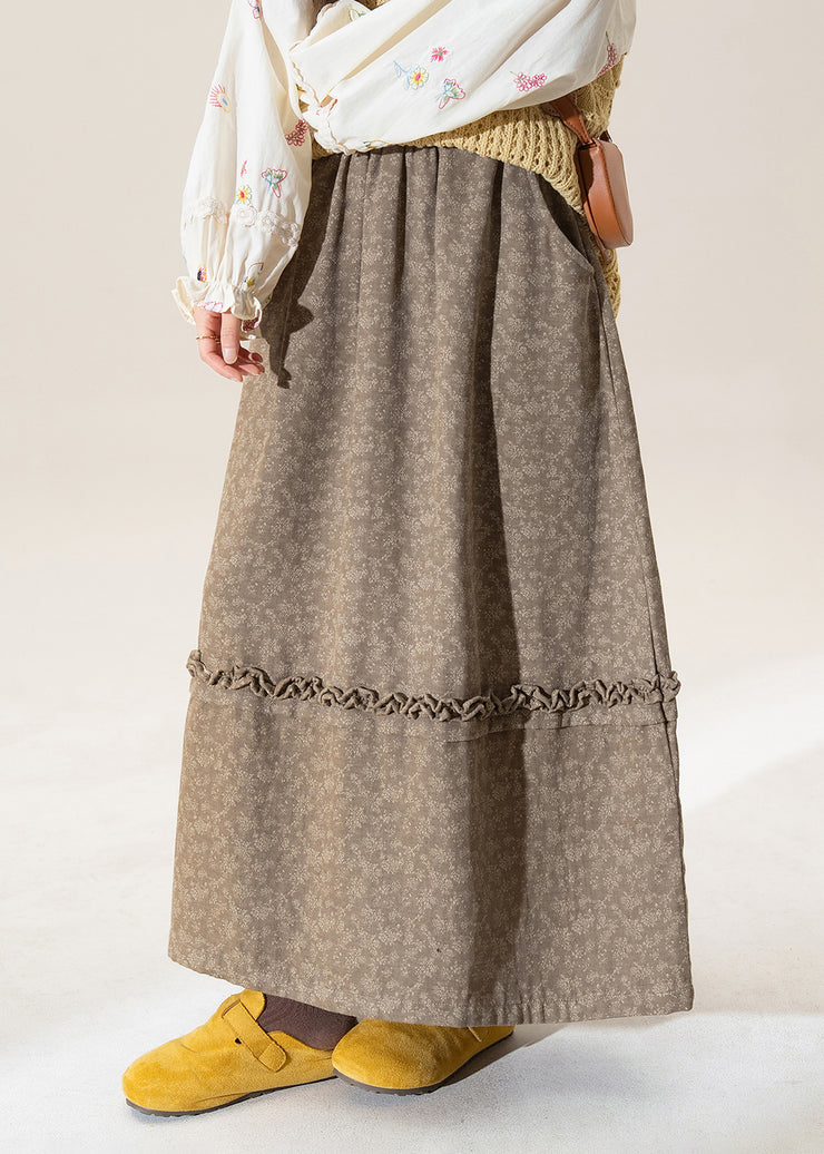 Original Coffee Ruffled Print Patchwork Cotton Skirt Winter