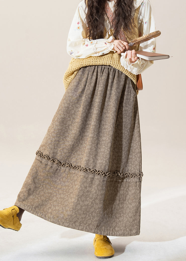 Original Coffee Ruffled Print Patchwork Cotton Skirt Winter