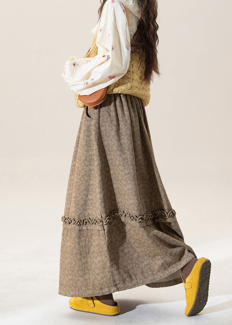 Original Coffee Ruffled Print Patchwork Cotton Skirt Winter